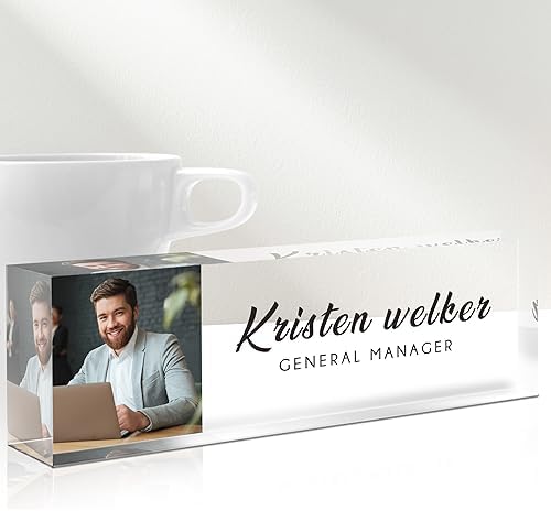 Desk Name Plate Personalized, Custom Name Plates for Desks with Photo/Logo, Personalized Clear Acrylic Glass Block, Office Gifts for Cowrkers, Boss, Teacher/Employee Appreciation Gifts by Gowelly