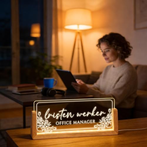 Personalized Light Up Acrylic Desk Name Plate - Custom Name Plate for Desk with Walnut Wood Base - Appreciation Office Gifts for Employees, Teacher, Social Worker (Flower) - Image 3
