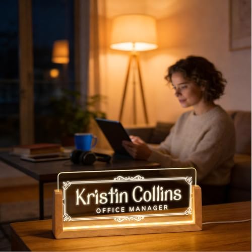 Personalized Light Up Acrylic Desk Name Plate - Custom Name Plate for Desk with Walnut Wood Base - Appreciation Office Gifts for Employees, Teacher, Social Worker (Vintage Frame) - Image 4