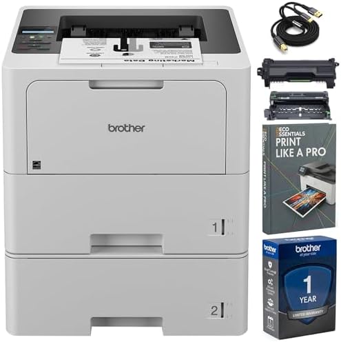 Brother HL-L6210DWT Wireless Monochrome Laser Printer for Business, 50 PPM Duplex Printing, Dual Paper Tray, Ethernet & Mobile Printing with 6ft USB Printer Cable + Print Like a Pro eBook Guide Bundle by Unknown