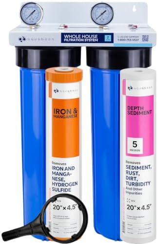 Aquaboon 2-Stage Water Filter System for Well Water w/ 20x4.5 Iron & Manganese, Sediment Filters, Pressure Gauges & Release, Wrench, Iron Bracket by Aquaboon
