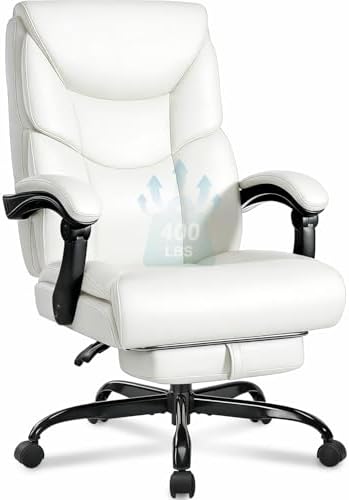 WAILOR 400lbs Office Chair with Foot Rest, Reclining Big and Tall Office Chair with Lumbar Support, High Back PU Leather Computer Chair,Comfy Desk Chair for Home Office (Casual) (White) by Wailor
