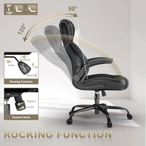 Ergonomic Executive Office Chair, High Back PU Leather Computer Desk Chair with Flip-Up Armrests, Lumbar Support, Adjustable Height and Rocking Function, Black - Image 5