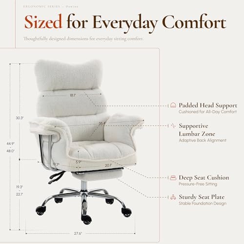 Dowinx Big and Tall Office Chair, Ergonomic Desk Chair with Thick Cushion, Wide Seat & Armrests Computer Gaming Chair,High Back Reclining Teddy Fleece Criss Cross Chair with Foot Rest, White - Image 2