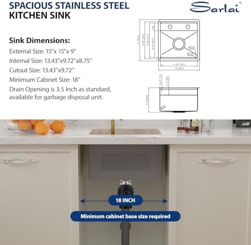Sarlai Outdoor Sink, 15x15 Inch Gold Undermount Kitchen Sink Workstation with Foldable Faucet Bar Prep Single Bowl Gold Kitchen Sinks16 Gauge Stainless Steel BBQ Sinks with Cover 15"x15"x9" - Image 5