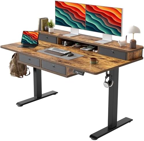 TIQLAB 55 * 28 Inch Standing Desk with Four Drawers, Electric Sit Stand Table, Stand Up Desk Adjustable Height with Storage Shelf, Splice Board, Rustic Brown by TIQLAB
