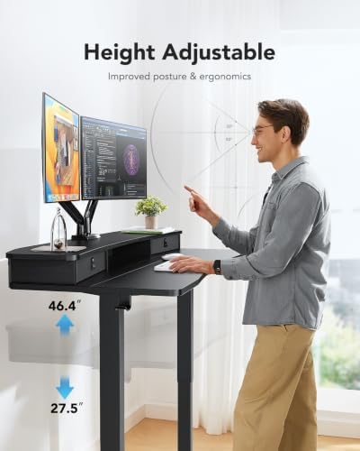 HUANUO 47.2" X 23.6" Electric Standing Desk with 2 Drawers, C-Clamp Mount Compatible, Height Adjustable Computer Desk, Home Office Stand Up Desk with 4 Preset Heights & 2 Hooks, Black - Image 5