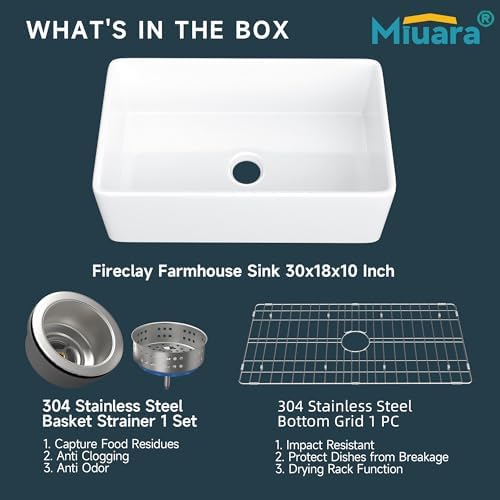 Miuara Farmhouse Sink 30 x 18 Inch White Fireclay Apron Front Kitchen Sink - Image 6