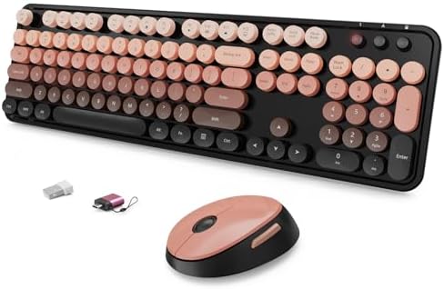 SkyGive Wireless Keyboard and Mouse Combo, Ergonomic Full Size Typewriter Retro Round Keycaps Keyboard, Compatible with Windows, PC, Perfect for Home and Office Keyboards (Aurora Red) by SkyGive