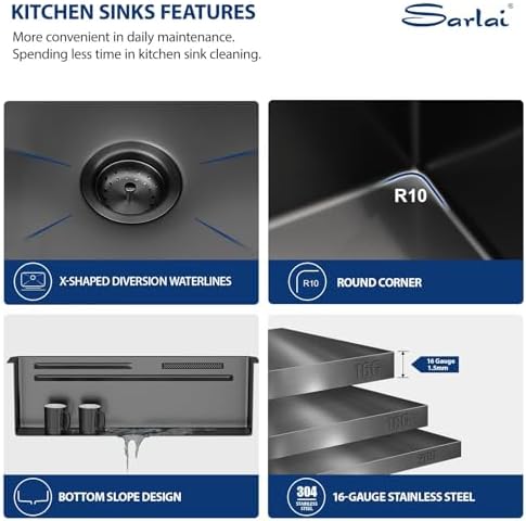Sarlai 33 Inch Waterfall Kitchen Sink Black Undermount Workstation Sink - Image 5