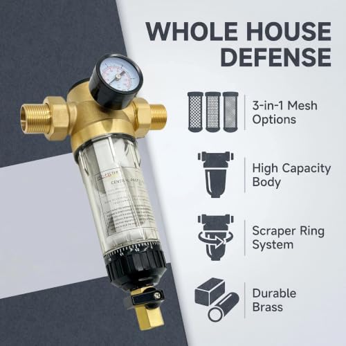 Upgraded Brass Spin Down Sediment Water Filter with Pressure Gauge, NPT3/4,50/100/200 Micron SS Mesh, pre Filter for City Water & Well Water, Low Pressure Drop, Self-Cleaning Scraper Ring - Image 2