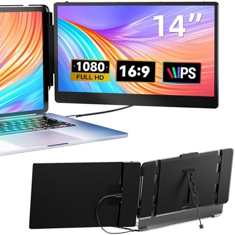 Laptop Screen Extender, 14" FHD 1080P IPS Dual Laptop Monitor Extender, Plug n Play Portable Travel Monitor for Laptops 13.3"-17" with HDMI/USB-A/Type-C, Compatible with Windows Mac Chrome Android by DZVW