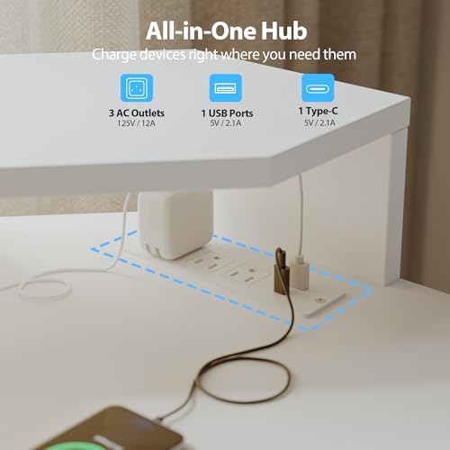 Agilestic 63*35 Inch L Shaped Standing Desk with Shelf & Led& Outlet, White - Image 6