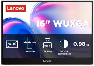 Lenovo L16 Mobile Monitor 16" WUXGA IPS Display – 60Hz Refresh Rate – 6ms MPRT Response Time – TÜV Rheinland® Flicker Free and TÜV Low Blue Light (Hardware Solution) – Eclipse Black/Luna Grey by LENOVO