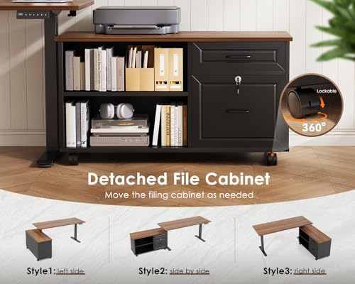 OffiGo 55" L Shaped Electric Standing Desk with Cabinet Sets, Walnut/Black - Image 5