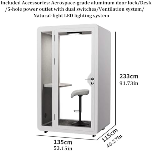 Soundproof Office Pod Booth Mobile Office Pod Booth with Desk/Tempered Glass Door/LED Light/Metal Lock, Private Meeting Room for Focused Study Read or Work, Call Privacy(B,135x115x233cm) - Image 7