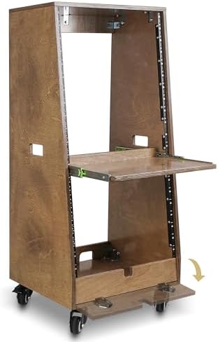 Sound Town DIY Slanted 20U Studio Rack (12U Top + 8U Lower), with 2U Bottom Storage, Slide-Out Tray, Caster, Plywood, Weathered Brown for Recording Room, Home Studio (SDRK-ST20TB) - Image 4