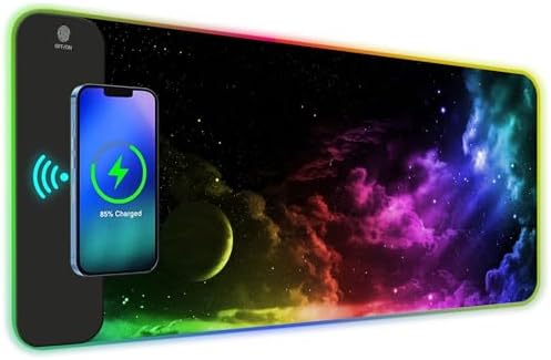 AIMSA Wireless Charging RGB Gaming Mouse Pad 15W, Extended LED Desk Mat Protector 800x300x4MM, 14 Light Modes Extra Large Mousepad Non-Slip Rubber Base Desk Mat, Nebula Universe by AIMSA
