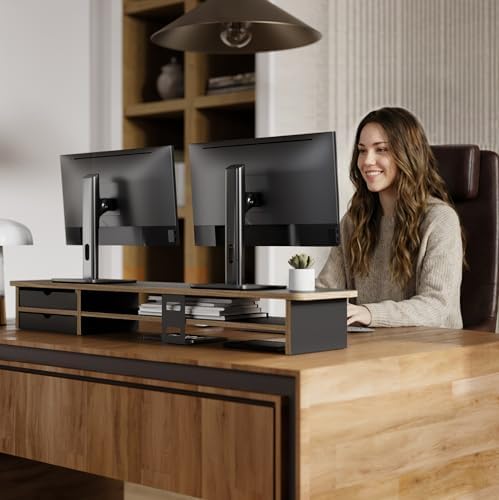 Fenge Monitor Stand, Desk Computer Riser with Frosted Storage Drawer, Black - Image 6