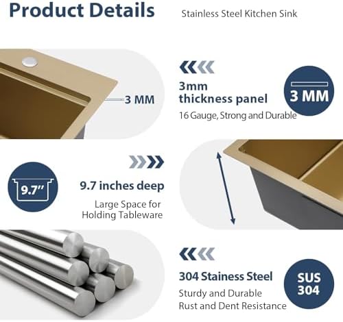 Lordear 33 Inch Drop In Kitchen Sink 33x22 Gold Single Bowl Workstation Stainless Steel 16 Gauge Handmade Topmount Kitchen Sinks with Cutting Board - Image 5