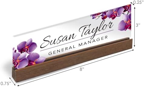 Artblox Personalized Office Desk Name Plate and Business Card Holder | Clear Acrylic Glass with Teak Wood Stand | Purple Orchids Design Customized with Your Name and Credentials Office Desk Decor - Image 3