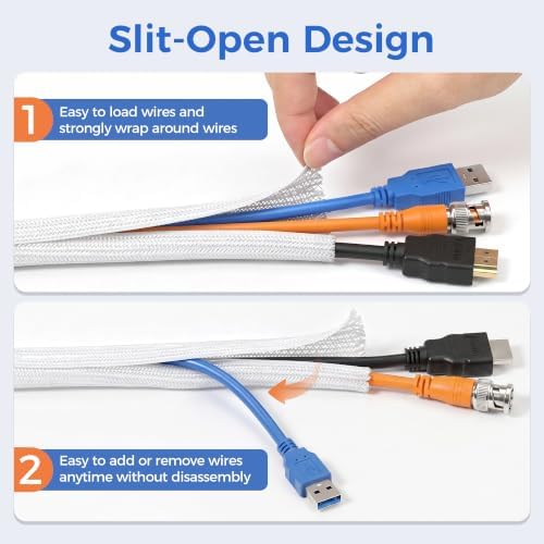 Delamu 30ft - 1/2 inch Cable Sleeve Cord Protector from Pets No Chew, Split-Braided PVC Wire Loom Tubing for Desk Computer USB TV Cord Organizer, Easy Set-up Cable Management Sleeve Kit, White - Image 6