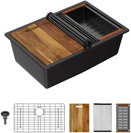Lordear 28 Inch Black Granite Composite Kitchen Sink Workstation 28x19 Matte Black Undermount Quartz Sinks Under Counter Single Bowl Sink with Black Accessories by LORDEAR