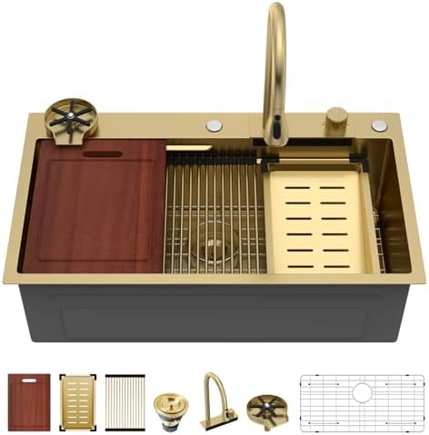 Sarlai 33 Inch Waterfall Kitchen Sink - 33x19 Gold Waterfall Drop In Sink Workstation Stainless Steel 16 Gauge Sink Multifunction Single Bowl Smart Top Mount Kitchen Sinks with Faucet Combo - Image 3