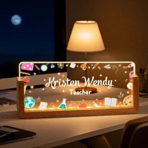 Personalized Teacher Desk Name Plate, Custom Light Up Acrylic Sign with LED Wood Base, Classroom Decor Gift for Teacher Appreciation, Back to School Office Plaque by Unknown