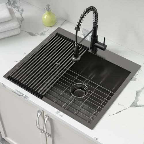 Sarlai Laundry Sink with Faucet Drop In 25"x22"x12" Deep Black Laundry Utility Kitchen Sink Drop-in Topmount Single Bowl Sink 16 Gauge Stainless Steel Gunmetal Black Kitchen Laundry Room Sinks - Image 2