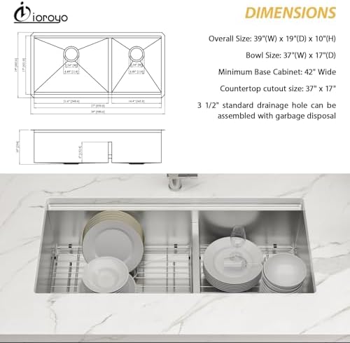 39X19 Undermount Double Bowl Sink 60/40 Workstation SInk - Image 6