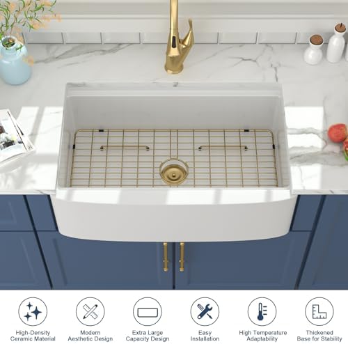 Lordear Farmhouse Sink 33 Inch White Kitchen Sinks Workstation Curved Apron Fireclay Porcelain Ceramic Single Bowl Farmer Sink Farm Sinks 33x21x10 Inch with Gold Accessories - Image 4