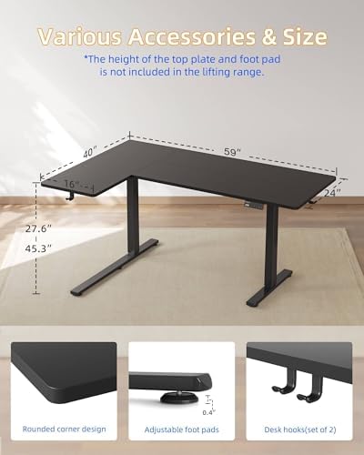 YIHAYO Reversiable L-Shaped Electric Standing Desk, 59 Inches Stand Up Corner Desk, Sit and Stand Up for Work Office Home, Ergonomic Rising Computer Table with Splice Board, Black - Image 2
