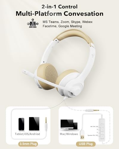 JIAMQISHI USB Headset with Microphone for PC, On-Ear Computer Laptop Headphones with Noise Cancelling Mic in-line Control for Home Office Online Class Zoom (USB+3.5mm, White) - Image 5