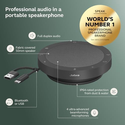 Jabra Speak2 75 SE (Second Edition) Wireless Bluetooth Speakerphone - 4 Noise-Cancelling Mics, 65mm Speakers - New Linking Feature - USB-A Dongle - Works with Zoom and Google Meet - Dark Grey - Image 3