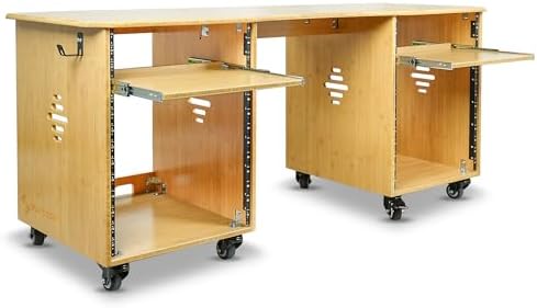 Sound Town Studio Desk Workstation with Dual 13U Side Rack Cabinets, Slide-Out Trays, Casters, for Recording Rooms and Home, Solid Carbonized Bamboo (SDRK-WS69CB) by SOUNDTOWN