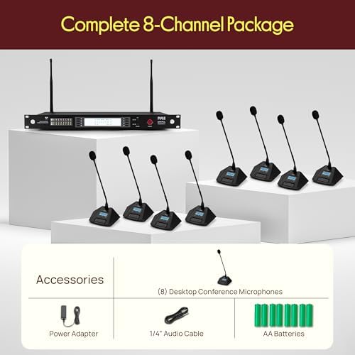 Pyle 8 Channel UHF Wireless Conference Microphone System with 8 Gooseneck Mics, 300 Ft Range, Selectable Frequencies & Rack Mount Receiver for Meetings, Presentations & Events - Image 7
