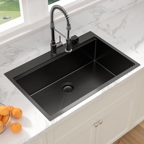 Sarlai 33 Matte Black Drop-In Kitchen Sink Workstation - 33x22 Inch Drop Kitchen Sink with Ledge NANO-Tech Black Topmount Round Corner 16 Gauge Stainless Steel Single Bowl Sinks Basin - Image 4