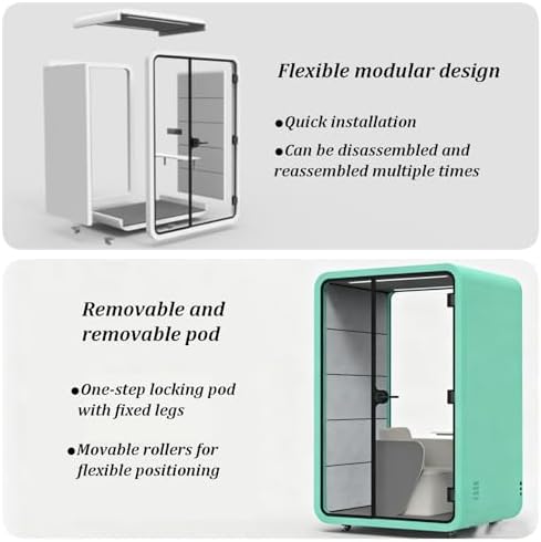 Quiet Meeting Pod with Acoustic Panels, Mobile Office Pod Booth, Built-in Ventilation System, Mobile Focus Room with Wheel&LED Lighting for Private Phone Calling(Blue,110cm) - Image 6
