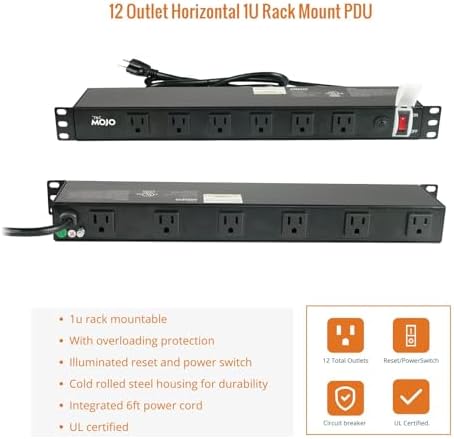 Tecmojo 1U Rackmount Network-Grade PDU, 12 Wide-Spaced Right Angle Outlets, Circuit Breaker 12A (UL Certified 12A) 6ft Cord w/ 5-15P Plug, Black(SKU# 13111201) - Image 6