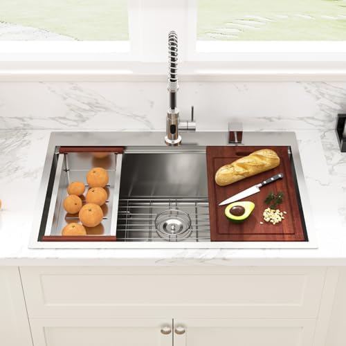 Sarlai Drop In Kitchen Sink - 33x22 Drop In Kitchen Sink Ledge Workstation 16 Gauge Stainless Steel Topmount Deep Single Bowl Over Counter Sinks Basin Round Corners - Image 3