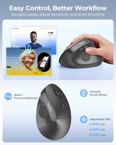 seenda Ergonomic Wireless Mouse, 52° Vertical Bluetooth Mouse, Black - Image 3