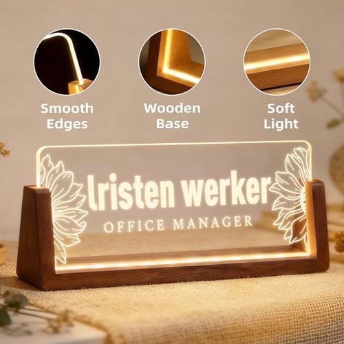 Personalized Light Up Acrylic Desk Name Plate - Custom Name Plate for Desk with Walnut Wood Base - Appreciation Office Gifts for Employees, Teacher, Social Worker (Sunflower-2) - Image 7