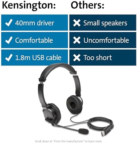 Kensington USB Hi-Fi Headphones with Microphone (K97601WW), Black, Pack of 40 - Image 7