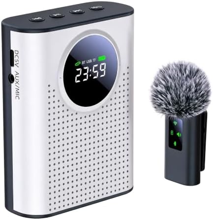 S67 Voice Amplifier Wireless Microphone for Teachers Classroom Rechargeable, Mini Lavalier Lapel Mic, Portable Speaker PA System with LED Display for Class, Tour Guide, Coaches, White by ZERFUN