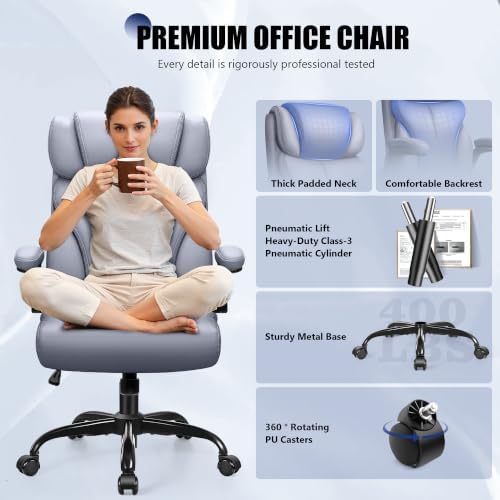 Primy Office Chair, High Back Desk Chair with Flip-up Armrests,Gray - Image 3