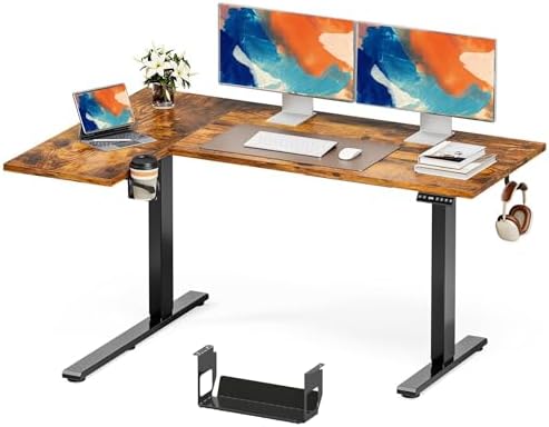 Muvai 59" L Shaped Standing Desk with Cable Tray, Reversible, Rustic Brown by Unknown