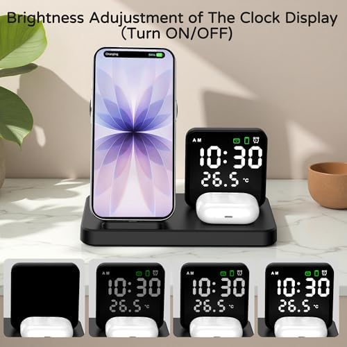 5 in 1 Wireless Charging Station with Alarm Clock Pen Holder, Fast Wireless Charger for iPhone 17/16/15/14/13/12/Pro/Max/Air, for iWatch & AirPods, Charger Stand with Temperature, Snooze Model Black - Image 5