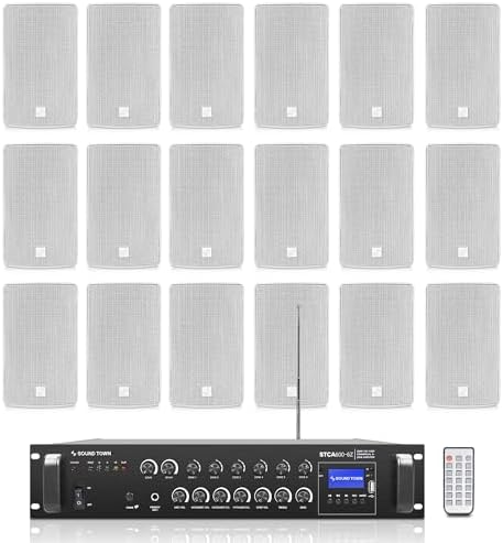 Sound Town Commercial Restaurant Bluetooth Amplifier + Surface-Mount Speaker Set, with One 6-Zone 70V/100V Amplifier with Bluetooth, 18 x 6.5-Inch Surface-Mount Speakers, White (STCA600X18TV6W) by SOUNDTOWN