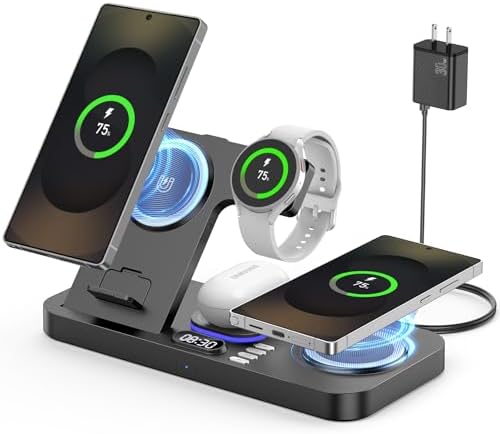 Magnetic Wireless Charger for Samsung, 6 in 1 for Samsung Charging Station,30W Dual Phone with Auto-Switch 7-Color Light & Clock,for Samsung S26,for Galaxy Buds for Samsung Galaxy Watch by SimplifylifewithYiJYi